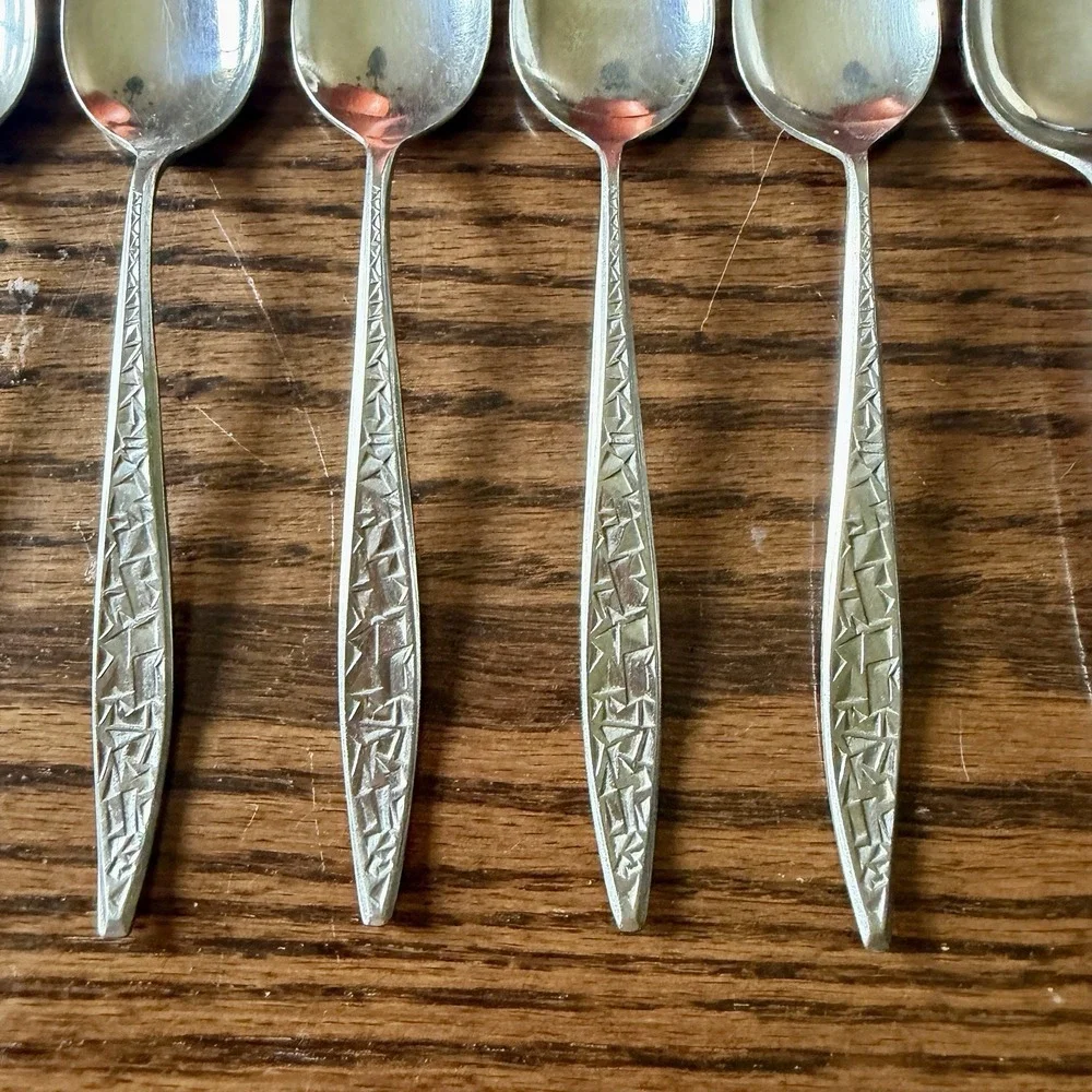 Vintage EKCO Stainless Steel Teaspoons Set of 7 Mid Century Modern Geometric